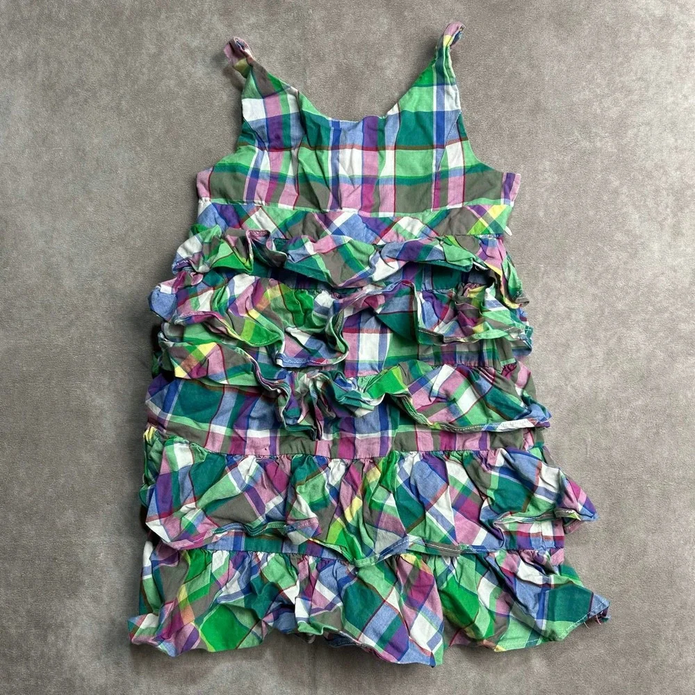 Ralph Lauren Girls Green Purple Plaid Tiered Ruffle Sleeveless Cotton Dress 6